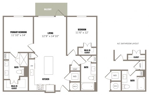 Floor plan for 2 beds, 2 baths, 1016 sqft